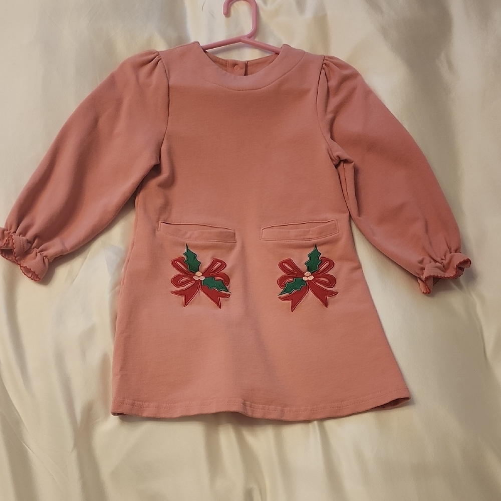 The Beaufort Bonnet Company Pink Dress with Red and Green Bows